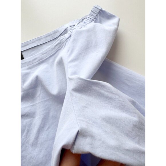 THEORY Auriana Blue Stretch Cotton Poplin Off Shoulder Button Up Shirt, Size L - Picture 9 of 15